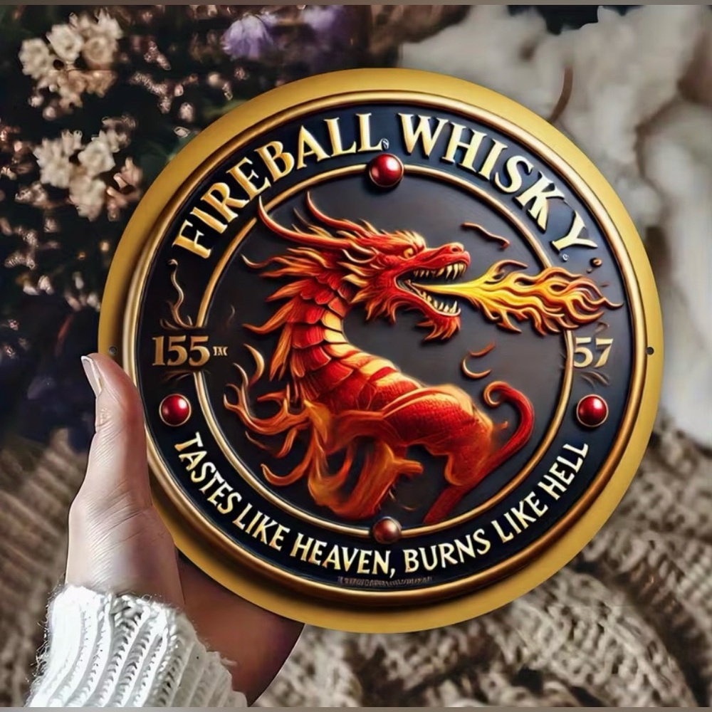 Fireball Whiskey Dragon Emblem Metal Sign Wall Art 2D Flat Metal Wall Art New